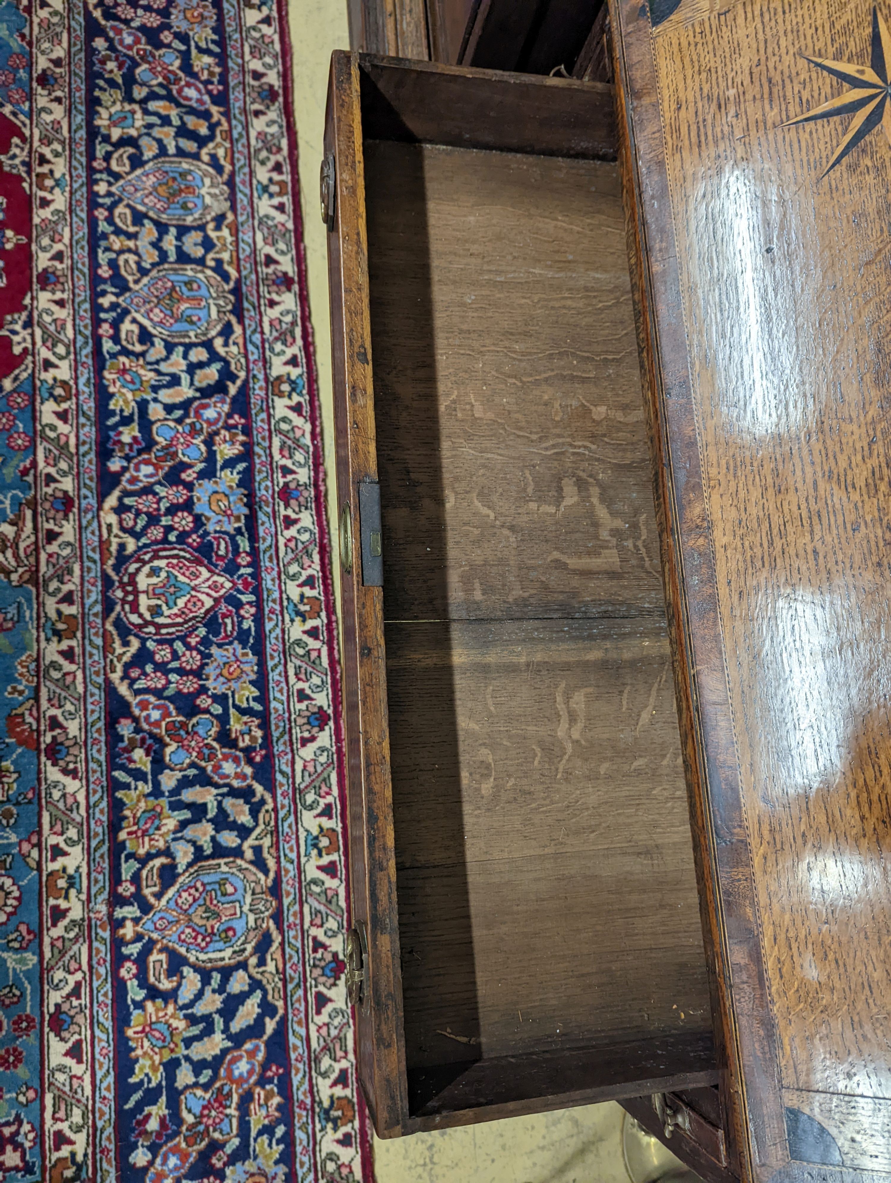 A George III inlaid oak bureau, width 85cm, depth 47cm, height 101cm